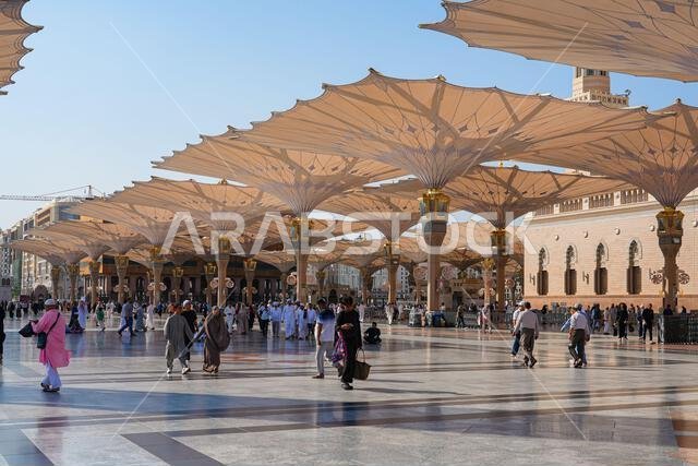 Giant retractable umbrellas at the Prophet's Mosque (Al-Masjid an-Nabawi) in Medina, Saudi Arabia