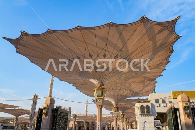 Giant retractable umbrellas at the Prophet's Mosque (Al-Masjid an-Nabawi) in Medina, Saudi Arabia