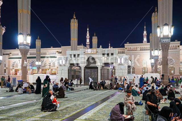 The Prophet's Mosque (Al-Masjid an-Nabawi) at night in Medina, Saudi Arabia
