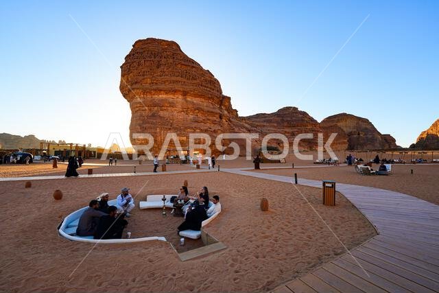 Barn's coffee shop next to Elephant Rock (Jabal Al-Fil) in the desert of AlUla, Saudi Arabia