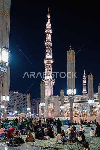 Minaret of the Prophet's Mosque (Al-Masjid an-Nabawi) at night in Medina, Saudi Arabia