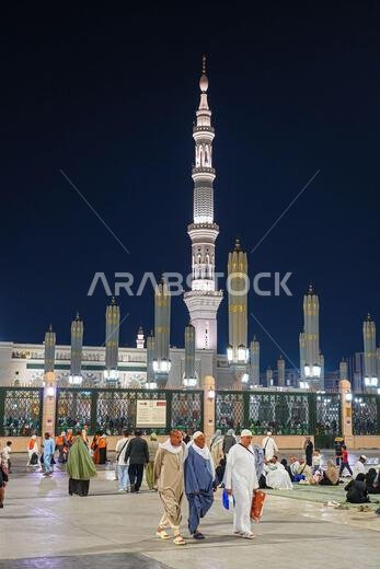 Minaret of the Prophet's Mosque (Al-Masjid an-Nabawi) at night in Medina, Saudi Arabia