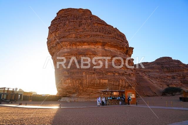 Barn's coffee shop next to Elephant Rock (Jabal Al-Fil) in the desert of AlUla, Saudi Arabia