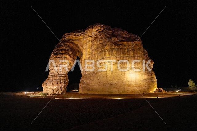 The iconic Elephant Rock (Jabal Al-Fil) at night in the desert of AlUla, Saudi Arabia