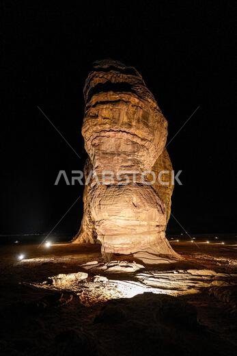 The iconic Elephant Rock (Jabal Al-Fil) at night in the desert of AlUla, Saudi Arabia