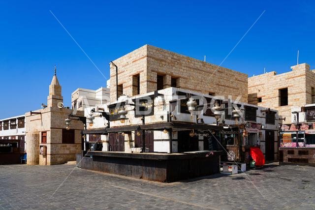 Heritage architecture and local food kiosks in the old port city of Yanbu, Saudi Arabia