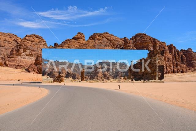 The Maraya mirrored concert hall reflecting the ancient desert mountains of Ashar Valley in AlUla, Saudi Arabia