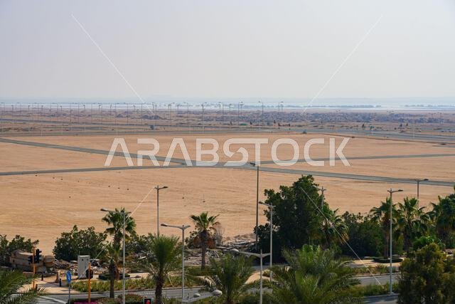Vast desert plots prepared for future construction projects along the Red Sea coast at King Abdullah Economic City (KAEC) in Saudi Arabia