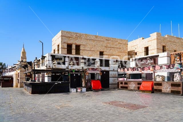 Heritage architecture and local food kiosks in the old port city of Yanbu, Saudi Arabia