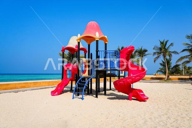 Colorful children's playground on Bay La Sun Beach on the Red Sea coast in King Abdullah Economic City (KAEC), Saudi Arabia