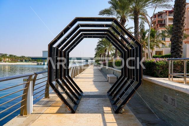Modern octagonal art installation on the Bay La Sun waterfront in King Abdullah Economic City (KAEC), Saudi Arabia