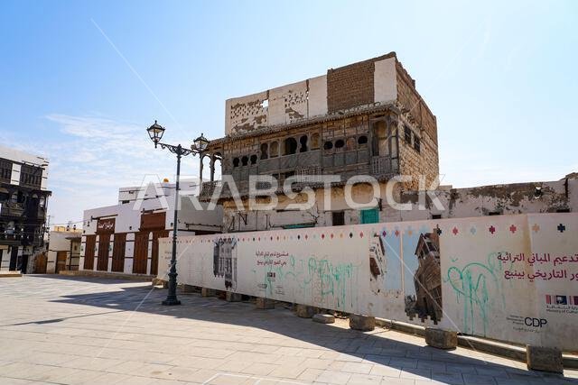Intricate wooden roshan balconies in the historic Al-Balad district of Yanbu, Saudi Arabia