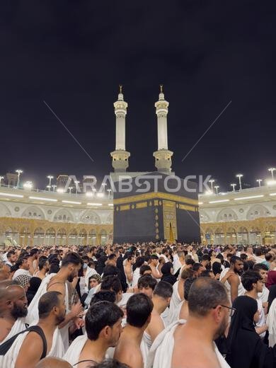 Pilgrims performing tawaf around the Kaaba at Masjid al-Haram in Mecca during Hajj night