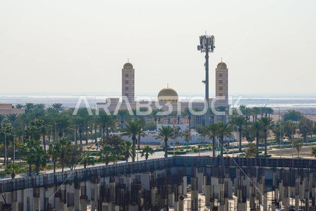 مسجد شرباتلي الحديث ذو القباب الذهبية في مدينة الملك عبد الله الاقتصادية (KAEC)، المملكة العربية السعودية