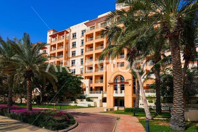 Modern residential apartment complex with Mediterranean architecture in King Abdullah Economic City (KAEC), Saudi Arabia
