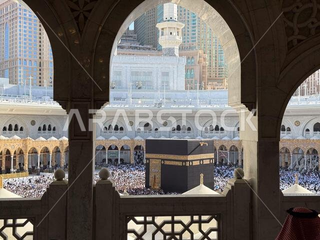 View of the Kaaba and Grand Mosque in Mecca with thousands of pilgrims performing Tawaf