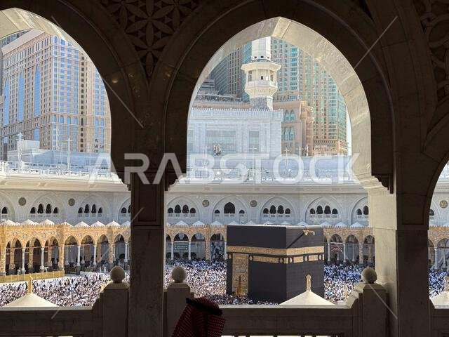 Pilgrims circling the Kaaba in Masjid al-Haram, Mecca during Hajj and Umrah pilgrimage