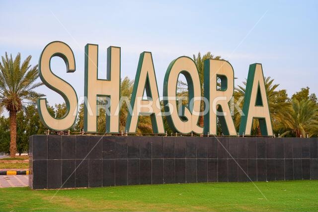 معلم ترحيبي بأحرف كبيرة وأشجار نخيل في مدينة شقراء التاريخية، المملكة العربية السعودية