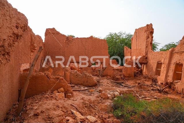 Crumbling mud brick ruins of an ancient building in the historic village of Shaqra, Saudi Arabia