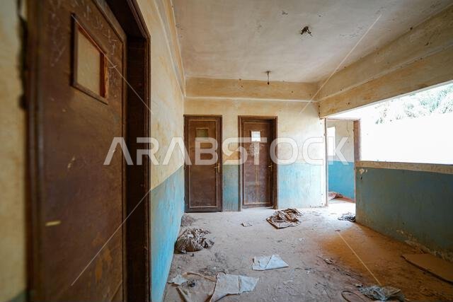 Wooden apartment doors inside a heritage building in Shaqra, a historical desert village in Riyadh Province, Saudi Arabia