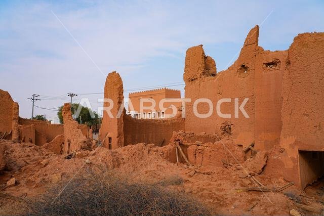 Crumbling mud brick ruins of an ancient building in the historic village of Shaqra, Saudi Arabia