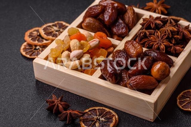 Dried dates on a ceramic plate for Ramadan or Iftar. Dried dates as a food background for your design