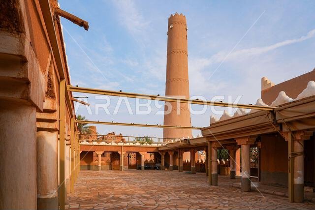 Traditional Najdi mud brick minaret of Shaqra Old Mosque in Saudi Arabia