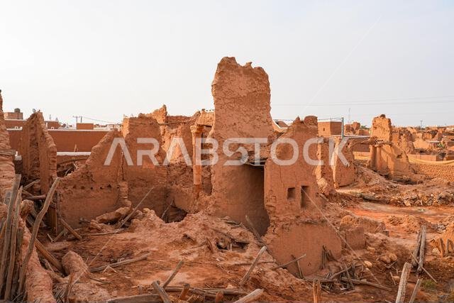 Crumbling mud brick ruins of an ancient building in the historic village of Shaqra, Saudi Arabia