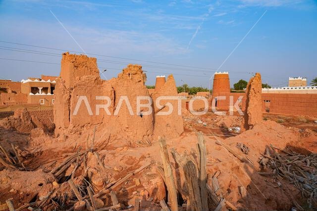Crumbling mud brick ruins of an ancient building in the historic village of Shaqra, Saudi Arabia