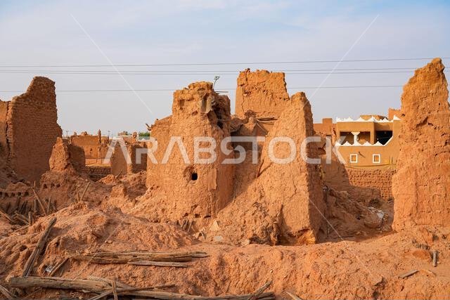Crumbling mud brick ruins of an ancient building in the historic village of Shaqra, Saudi Arabia