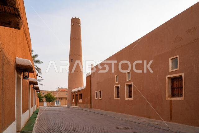 Traditional Najdi mud brick minaret of Shaqra Old Mosque in Saudi Arabia