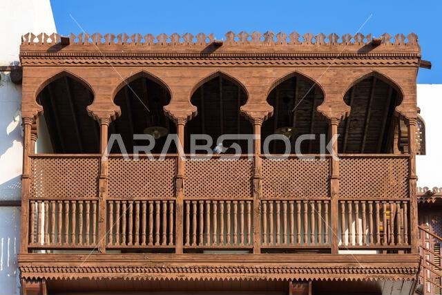 An ornate traditional veranda (portico) in Hijazi-style at the Al Tayebat International City Museum in Jeddah, Saudi Arabia