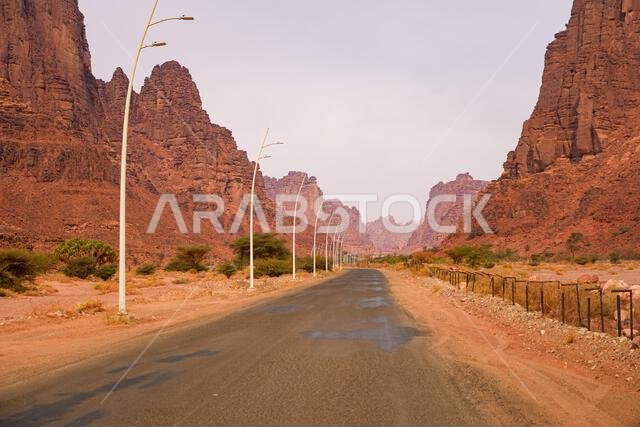 طريق متعرج عبر منحدرات الحجر الرملي المهيبة في وادي الديسة بالقرب من تبوك في المملكة العربية السعودية