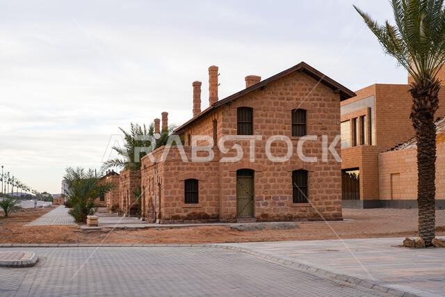 Restored Ottoman-era stone buildings at the historic Hijaz Railway Station and museum in Tabuk, Saudi Arabia
