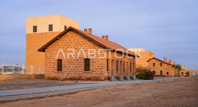 Restored Ottoman-era stone buildings at the historic Hijaz Railway Station and museum in Tabuk, Saudi Arabia
