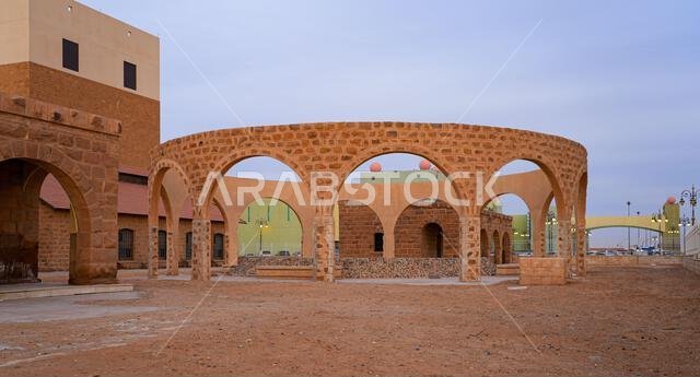 Modern stone arch pavilion at the historic Hijaz Railway Station and museum in Tabuk, Saudi Arabia