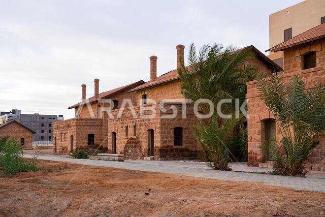 Restored Ottoman-era stone buildings at the historic Hijaz Railway Station and museum in Tabuk, Saudi Arabia