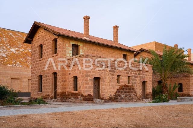 Restored Ottoman-era stone buildings at the historic Hijaz Railway Station and museum in Tabuk, Saudi Arabia