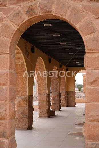 Historic stone arches at the Hijaz Railway Station and museum in Tabuk, Saudi Arabia