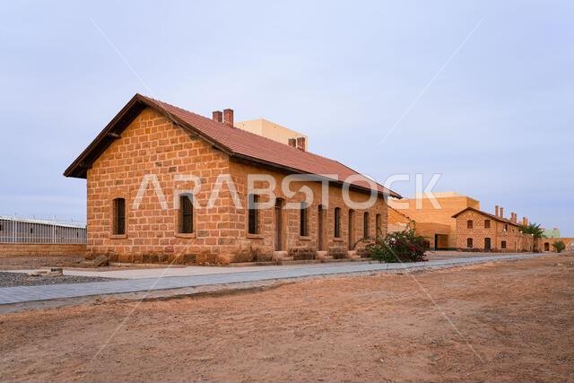 Restored Ottoman-era stone buildings at the historic Hijaz Railway Station and museum in Tabuk, Saudi Arabia