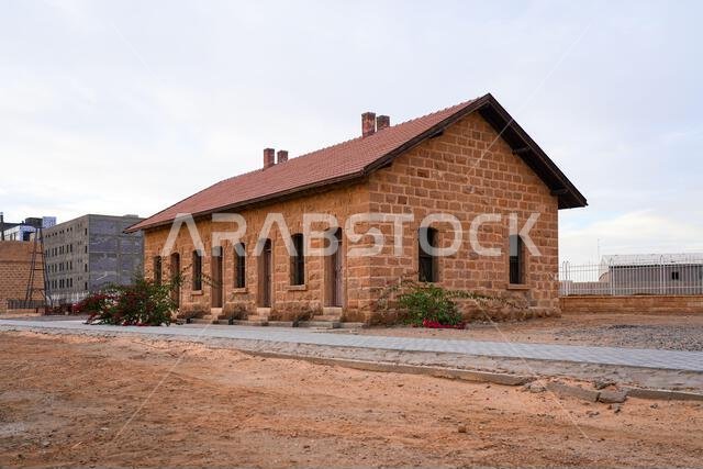 Restored Ottoman-era stone buildings at the historic Hijaz Railway Station and museum in Tabuk, Saudi Arabia