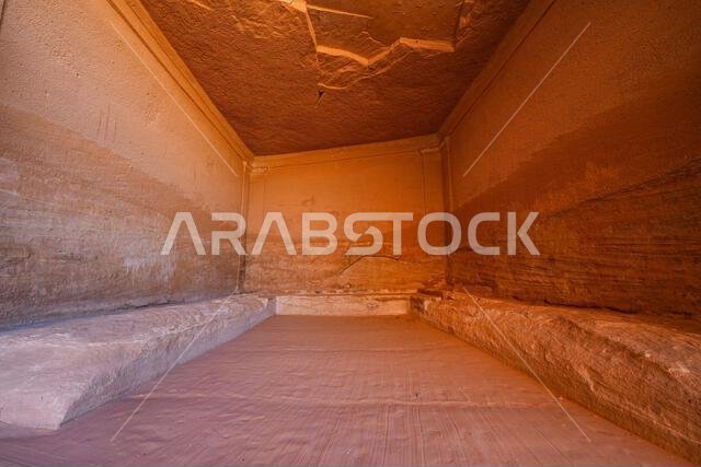 The Diwan, an ancient Nabataean banquet hall carved into Jabal Ithlib in Hegra, AlUla, Saudi Arabia