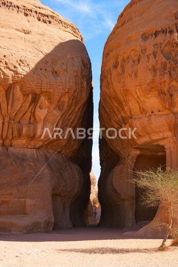 The Diwan, an ancient Nabataean banquet hall carved into Jabal Ithlib in Hegra, AlUla, Saudi Arabia