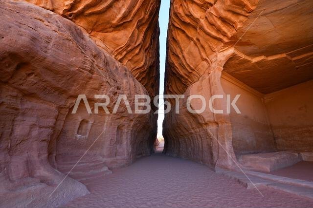 The Diwan, an ancient Nabataean banquet hall carved into Jabal Ithlib in Hegra, AlUla, Saudi Arabia