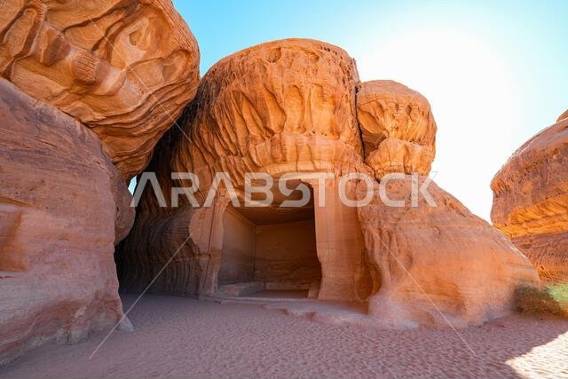 The Diwan, an ancient Nabataean banquet hall carved into Jabal Ithlib in Hegra, AlUla, Saudi Arabia
