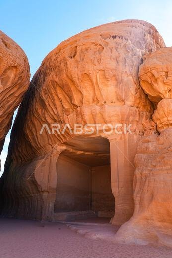 The Diwan, an ancient Nabataean banquet hall carved into Jabal Ithlib in Hegra, AlUla, Saudi Arabia