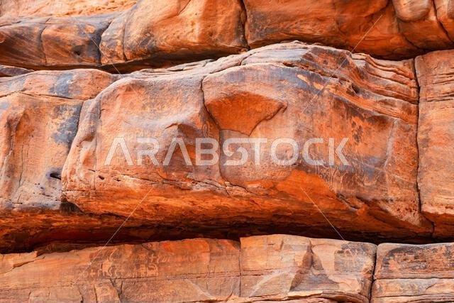 Ancient petroglyphs and rock art in the sandstone canyon of Wadi Al Disah near Tabuk in Saudi Arabia