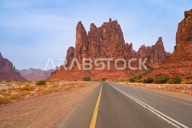 Modern asphalt road winding through the majestic sandstone cliffs of Wadi Al Disah near Tabuk in Saudi Arabia
