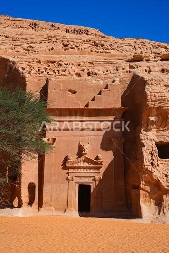 Ancient Nabataean rock-cut tombs at Jabal AlBanat necropolis in Hegra, AlUla, Saudi Arabia Ancient Nabataean rock-cut tombs at Jabal AlBanat necropolis in Hegra, AlUla, Saudi Arabia