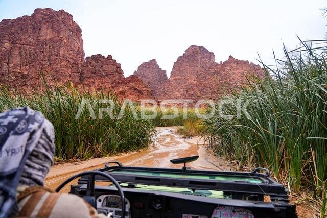 Traditional driver exploring the spectacular Wadi Al Disah canyon in an open-top 4x4 near Tabuk in Saudi Arabia